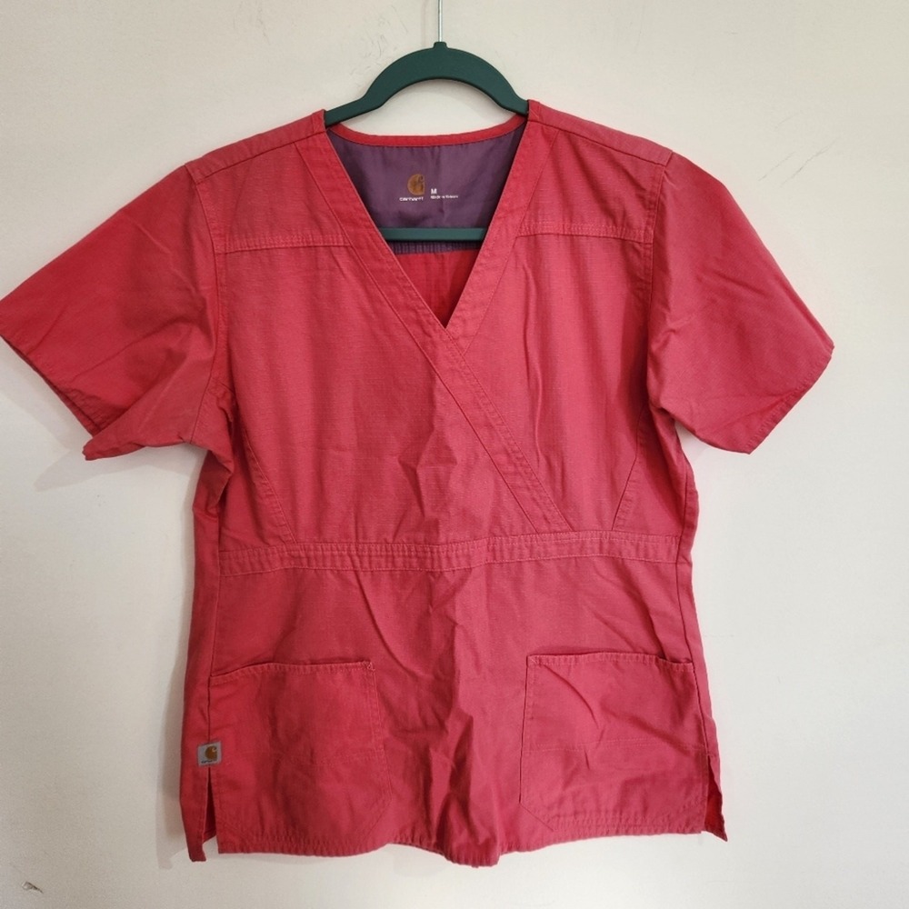 Carhartt Women's Medium Mock Wrap Empire Waist Scrub Pink Top-C17108